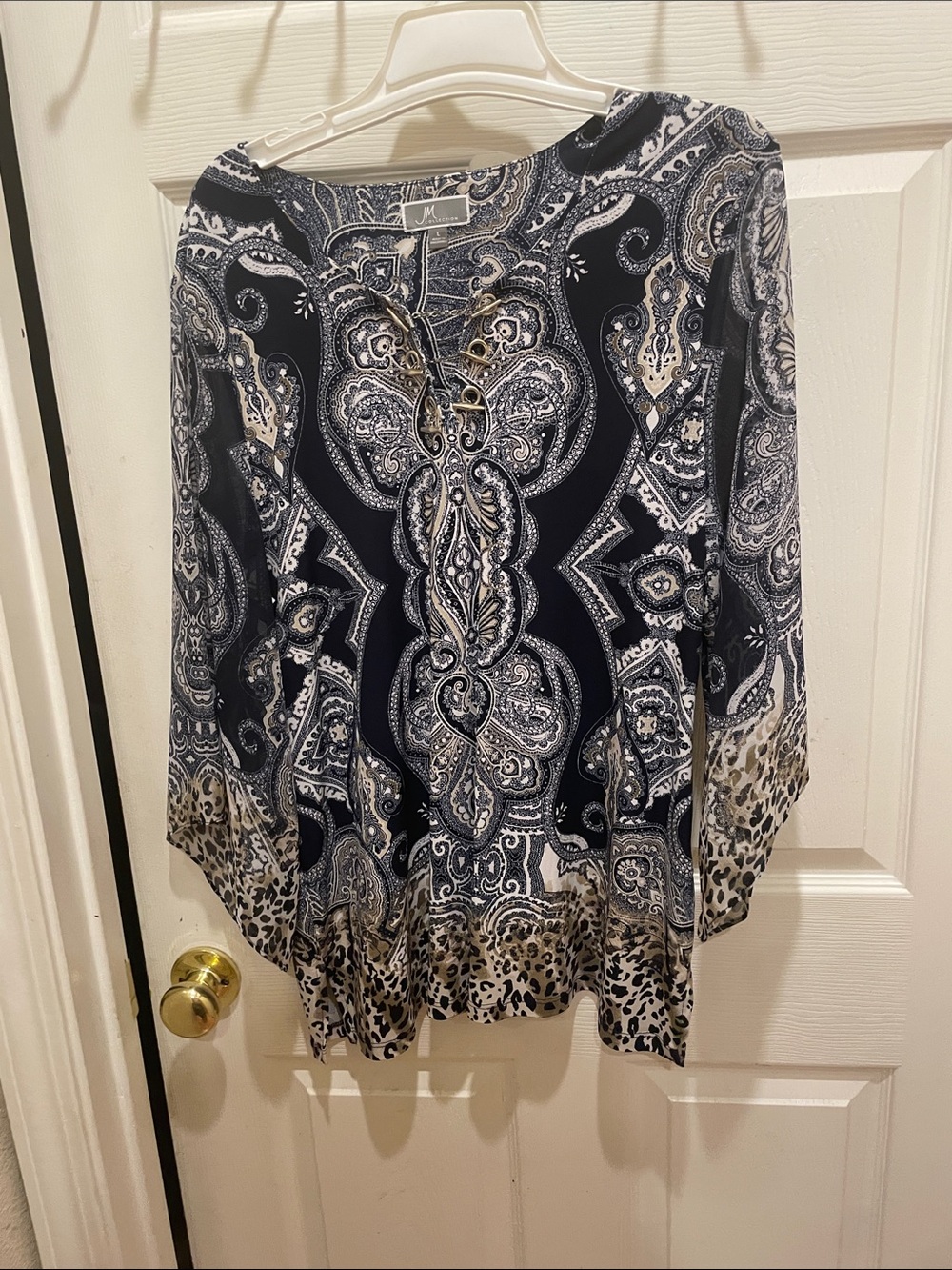 Jm Collections Navy and Cream Paisley Lace-Up Tunic size L woman’s
